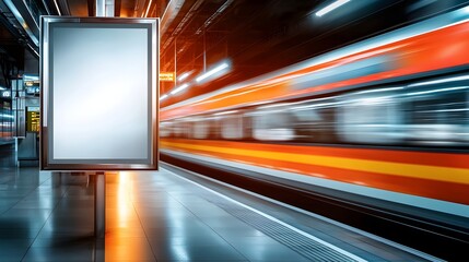 Poster - A futuristic and vibrant subway station with a sleek modern train moving past in a smooth blur lights reflecting off metallic surfaces and an empty ad space glowing softly ready for new content