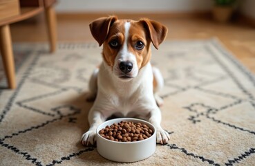 cute dog lies near bowl full of kibble on carpet. dog is waiting for his food. animal has white, bro