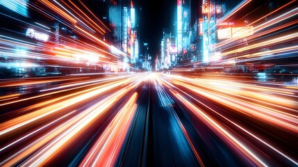 Aufkleber - A surreal night time street scene with luminous trails of speeding lights weaving through a bustling city filled with holographic advertisements glowing signs and a high speed urban energy