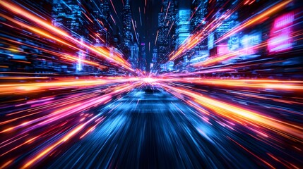 Fototapete - A futuristic cityscape illuminated by streaks of neon lights from fast moving traffic with dynamic motion blur effects and glowing holographic billboards