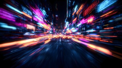 Fototapete - Dazzling futuristic cityscape with streaks of neon lights from fast moving traffic creating a high energy high tech atmosphere with dynamic motion blur effects and glowing holographic billboards
