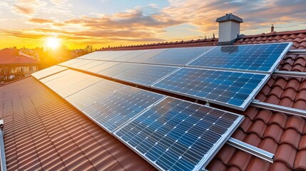 Aufkleber - Close up view of advanced rooftop solar panels reflecting the vibrant colors of a sunset sky showcasing eco friendly sustainable energy technology and clean power innovation