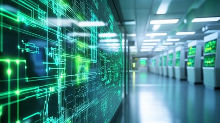 Wall Mural - futuristic digital interface with green lines and patterns