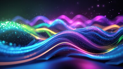 Vibrant Abstract Digital Waves background with  Glowing Particles and Gradient Flow. Neon Digital Waves