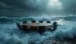 © Vadym - Round boardroom table surrounded by chairs floats in turbulent ocean waves symbolizing business risks and leadership challenges, surreal corporate crisis metaphor.