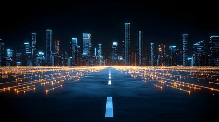 Aufkleber - Futuristic virtual cityscape with luminous data streams pulsing through a network of towering skyscrapers symbolizing innovation connectivity and the tech driven future of urban development