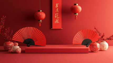 A frontal view of some empty rectangular platform with red hand fans Chinese lanterns and calligraphy hanging on a crimson background. A product advertisement with a traditional New Year theme.