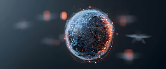 Global network sphere, digital data flow, dark background, tech concept