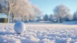 © POV Studio - Golf ball on tee, snowy course, winter sunrise, frosty trees, sport
