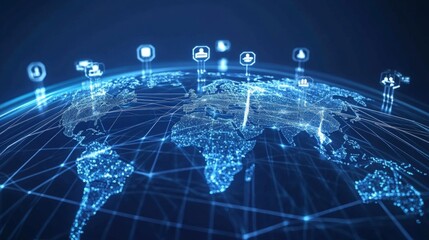 Wall Mural - digital world map with connected icons representing data and technology
