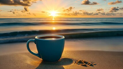 Wall Mural - Enjoying coffee while watching the sunrise over the ocean waves on a beautiful beach, A cup of coffee on the beach with the sun rising over the ocean