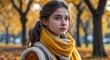 © sevenSkies - Caucasian girl in autumn park background yellow scarf young teen side view portrait