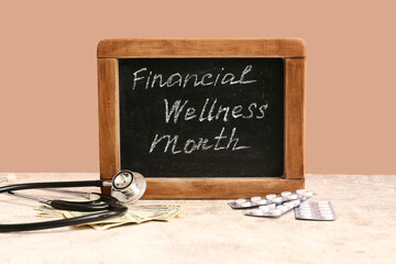 Wall Mural - Stethoscope, money, pills and chalkboard with text FINANCIAL WELLNESS MONTH on table against brown background