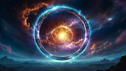 Video footage of glowing, cosmic ring floats in a dark, starry sky with vibrant clouds and distant mountains, creating a mystical and otherworldly scene