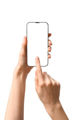 Wall Mural - female hands with modern mobile phone isolated on white background, closeup