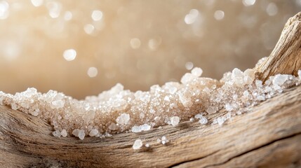 Wall Mural - Natural sea salt crystals resting on a weathered piece of driftwood by the shore during a sunny day