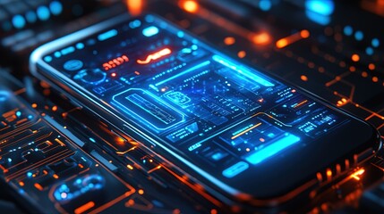 Holographic smartphone interface, sleek and futuristic, neon blue glow