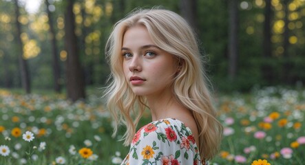 Canvas Print - Blonde girl in forest meadow background floral top young teen side view portrait