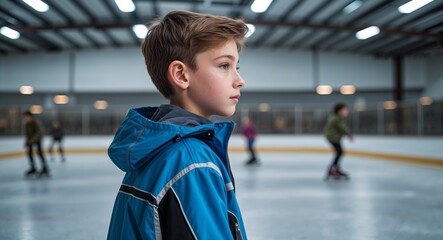 Canvas Print - Caucasian boy in skating rink background jacket young teen side view portrait