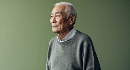 Canvas Print - Elderly Asian man in plain green background gray sweater side view portrait