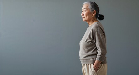 Canvas Print - Elderly Asian woman in plain gray background beige pants side view portrait