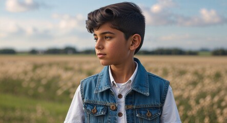 Wall Mural - Hispanic boy in open field background denim vest young teen side view portrait