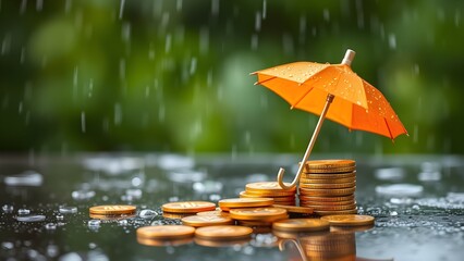 Financial Protection: A golden umbrella shields a stack of coins from a downpour, symbolizing security, stability, and the protection of savings against economic storms.