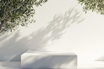 Wall Mural - White platform, olive trees, sunlight, shadow, backdrop