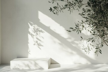 Wall Mural - White studio platform, olive branch shadow, sunlight, minimalist backdrop, product display