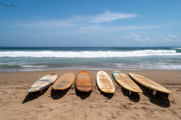 Surfboards lined up on a sandy beach with ocean waves in the background during a sunny day