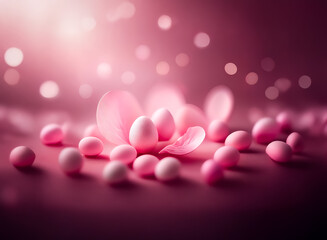 Wall Mural - soft pink eggs and petals are scattered on a pink surface, illuminated by gentle bokeh lights, creat