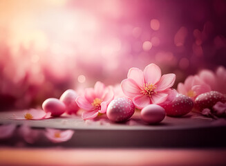 Sticker - soft pink blossoms and speckled eggs rest on a surface bathed in gentle, blurred light. a delicate, 