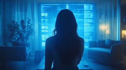 Person silhouetted against a bright digital screen at home viewing data with two chairs and plant in the background