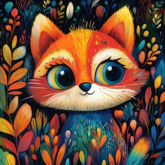  Whimsical Fox Character with Vibrant Colors and Lush Nature Surroundings in a Playful Pop Art Style