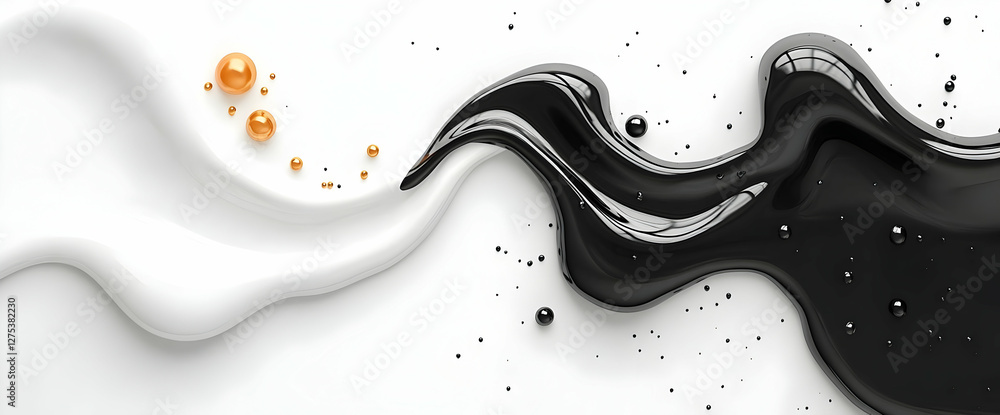 Abstract black and white liquid swirls with gold beads luxury cosmetic ...