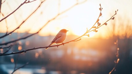 Wall Mural - Bird sunset branch spring city background nature wallpaper