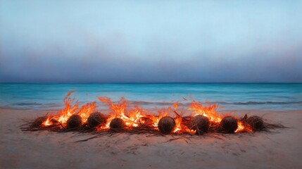 Wall Mural - Burning coconuts on beach at dusk; ocean background