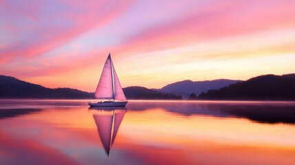 Wall Mural - a lone sailboat silhouetted against a fiery purple and orange sunset over a tranquil lake, evoking a