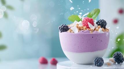 Wall Mural - a delicious purple smoothie bowl topped with fresh berries, granola, and coconut flakes, promoting a