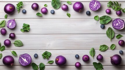 Wall Mural - a selection of purple fruits and vegetables arranged artfully on a rustic wooden table, promoting he