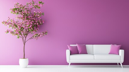 Wall Mural - a modern living room with a statement wall painted in a deep, rich purple, accented by white furnitu