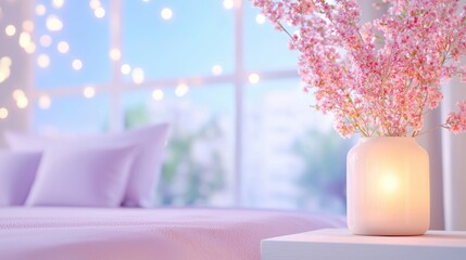 Wall Mural - a cozy bedroom with soft purple bedding, creating a calming and relaxing atmosphere.