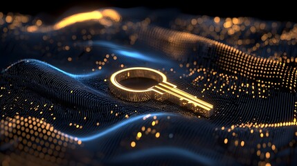 Leinwandbilder - Radiant Golden Key Symbol at the Core of Encrypted Quantum Security Web   Abstract Visualization Representing Unbreakable Cyber Protection Through Quantum Cryptography