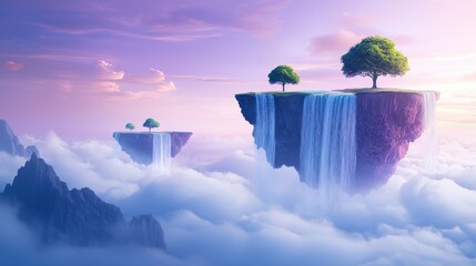 Wall Mural - a fantasy landscape with a purple sky, featuring floating islands and waterfalls, evoking a sense of