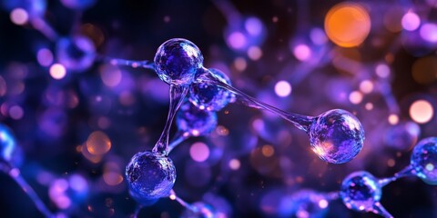 Molecular structure glowing; bokeh background; science