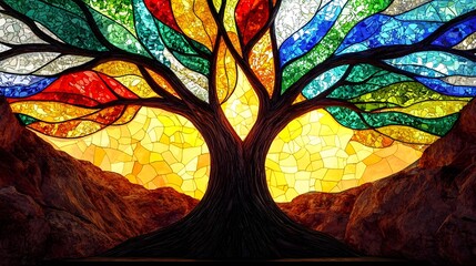 Aufkleber - Vibrant stained glass artwork set within the branches of a massive tree glowing beautifully in the golden hour light blending nature and art in a harmonious display