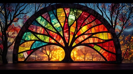 Aufkleber - Breathtaking stained glass artwork set within the branches of a towering tree glowing beautifully in the warm golden hour light