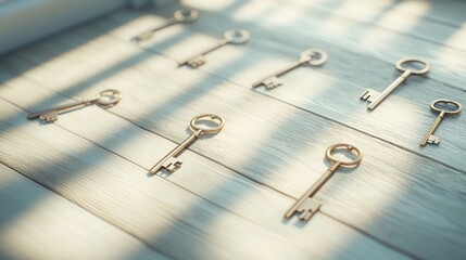 Wall Mural - multiple keys, made of brass and silver, scattered across a wooden table, with soft, natural light c
