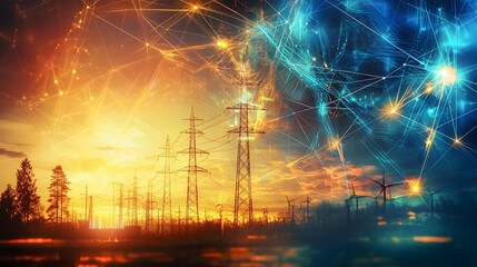 Poster - Visionary renewable energy landscape showcasing sustainable smart city infrastructure with integrated solar wind and hydropower technology  Efficient green architecture clean transportation