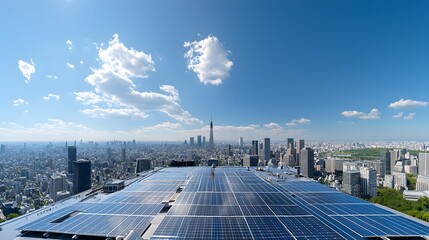 Poster - Futuristic cityscape with solar panels covering rooftops showcasing a sustainable and clean energy powered urban environment with digital grid and AI driven energy management